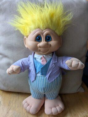 Vintage 1992 GANZ Troll Doll – Plush Body, Yellow Hair, Blue Eyes, Tuxedo